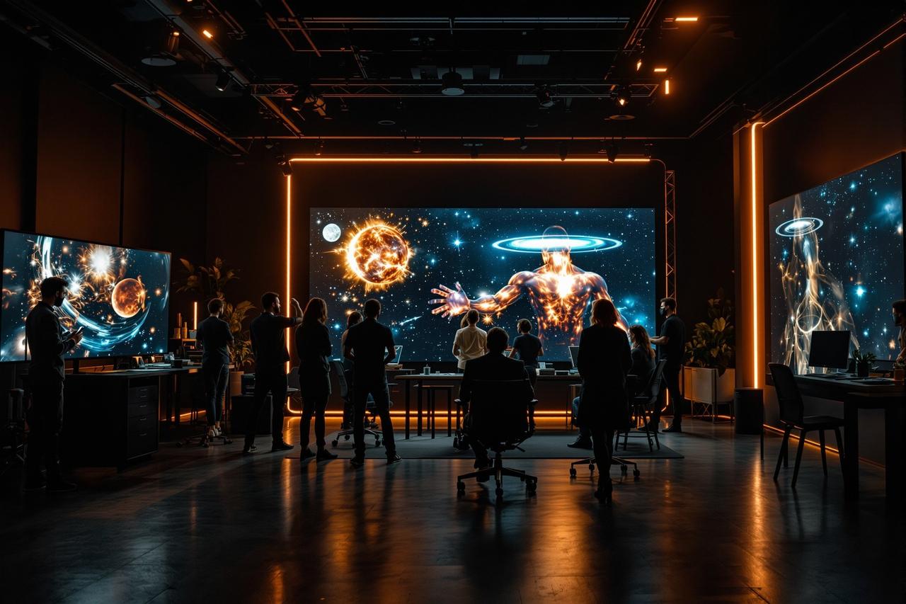 西瓜视频科研团队在现代化暗色调工作室协作，大屏幕显示宇宙可视化画面
